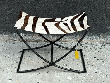 Modern Rebar Bench With Zebra-Hide Upholstery