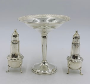 Sterling Silver Compote Together with a Silver Salt & Pepper Shakers