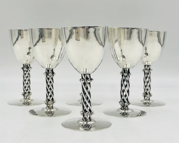 Set of 6 Silver Wine Goblets by Los Castillo, Signed - Mexico 1970's