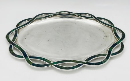 Large Silver & Stone Inlay Serving Tray by Los Castillo, Signed - Mexico 1970's