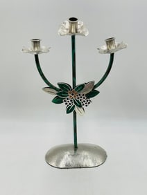 Silver & Stone Inlay Candelabra by Emilia Castillo, Mexican Modernism, Signed