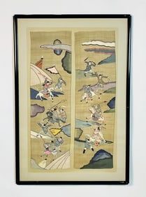 Framed Chinese Textiles depicting a Battle Scene