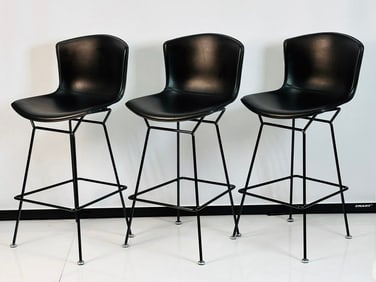 Set of Three Harry Bertoia Leather Barstools for Knoll, Signed & One in Box