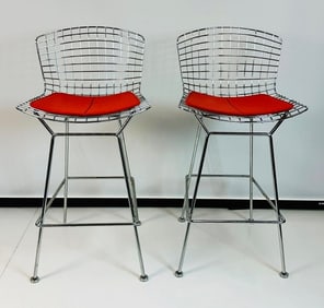 Pair of Harry Bertoia Wire Barstools for Knoll With Red Pads, Signed