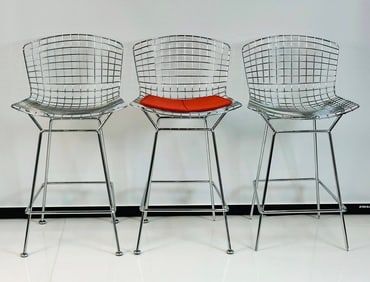 Set of Three Harry Bertoia Wire Counter Stools for Knoll, Signed