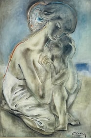 Oil on Canvas of a Mother Embracing a Child by Dietrich Grunewald (1916-2003)