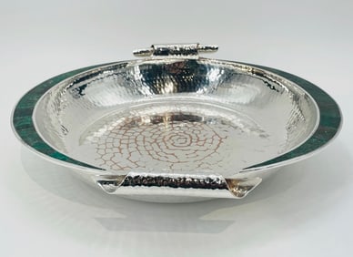 Salad/Serving Bowl in Silver & Malachite by Emilia Castillo, Signed -Mexico 1990s