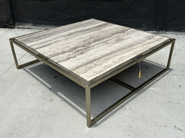 Square Square Travertine Brass Coffee Table