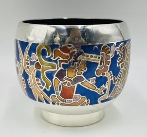 Signed Miguel Pineda 20th Century Enameled Silverplate Aztec/Maya Bowl