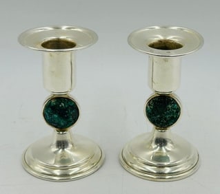 Los Castillo Candle Holders in Silver and Stone Inlay, Mexico 20th Century, Signed