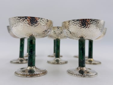 Set of 8 Hammered Silver & Inlaid Malachite Water/Wine Glasses by Los Castillo, Mexico 20th Century