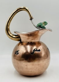 Whimsical Copper & Malachite Water Pitcher by Los Castillo, Mexico 1960s