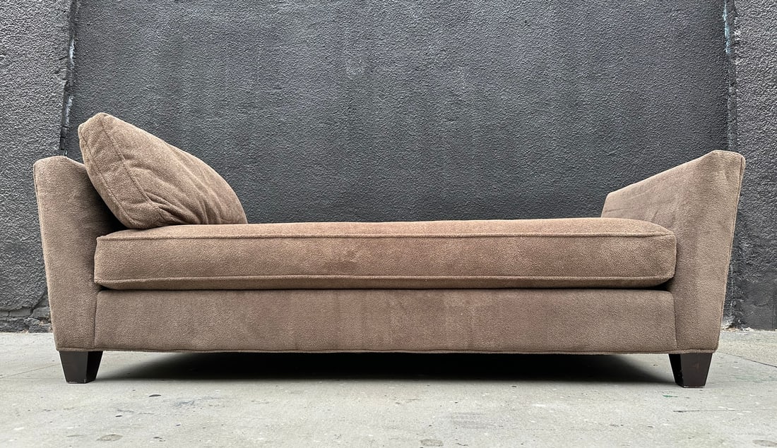 Mid Century Modern Style Day Bed in Brown Fabric: Mid century modern style day bed or loveseat upholstered in a soft brown fabric. Measurements: 87 inches wide x 38 inches deep x 27.50 inches high top top of the frame x 33 inches high to top of the c