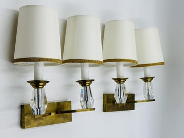 Pair of Vintage Solid Brass & Faceted Crystal Wall Sconces, Jules Leleu Style