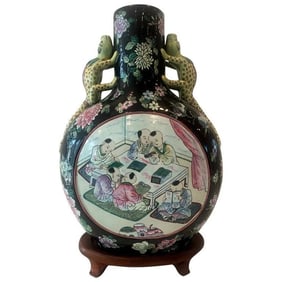 Chinese Famille Noir Hand Painted Porcelain Moon Flask