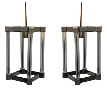 Pair of Post Modern Nickel and Glass Pendant Lights