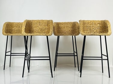 Set of 4 Barstools With Weaved Seats and Steel Frames