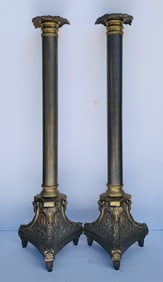 Pair of Bronze and Metal Candle Holders, Signed A.K.