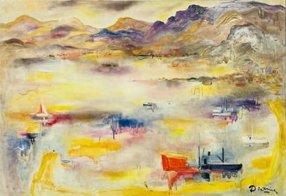 Large oil on canvas by Dietrich Grunewald (1916-2003) titled Port of Guaymas, Mexico.