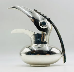 Silver Toucan Pitcher with Lapis Lazuli & Azurite Inlay by Los Castillo, 20th Century Mexico