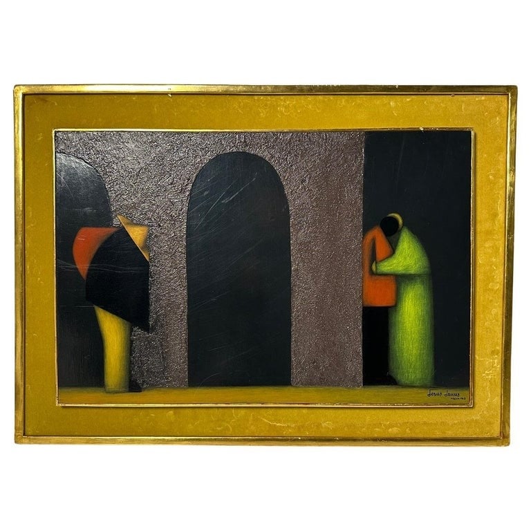 Extra Large Painting by Jesus Leuus -Platicando- from Galeria Misrachi, Mexico 1966: Introducing a remarkable piece of art that will captivate any art enthusiast or collector, the painting is titled "Platicando" painted by renowned artist Jesus Leuus. Originating from the esteemed Gal