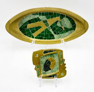Pair of Brass & Tile Trays by Salvador Teran,Signed. Mexico 1960's: Introducing the exquisite Pair of Brass & Tile Trays by Salvador Teran, hailing from Mexico in the 1960s. This set showcases a stunning pair of brass and glass mosaic trays. Meticulously handcrafted f