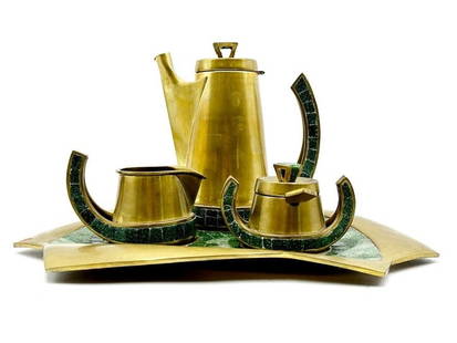 Tea/Coffee Service in Brass & Glass Mosaic by Salvador Teran, Signed, Mexico 1950's: Introducing the Tea/Coffee Service in Brass & Glass Mosaic by Salvador Teran, Mexico 1960's, a vintage treasure that exudes elegance and sophistication. Crafted with meticulous attention to detail, th