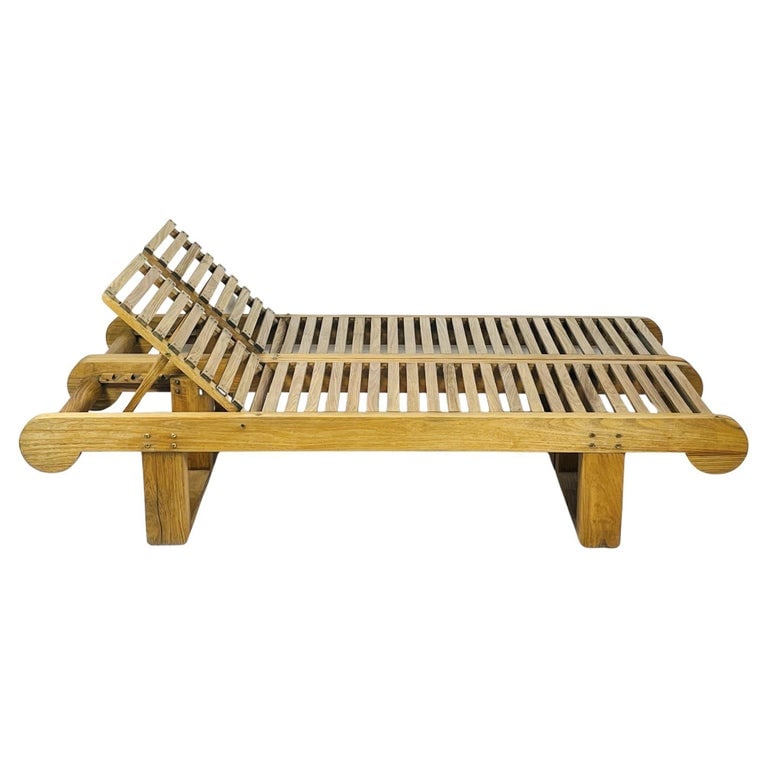 Teak Chaise Lounge Chairs/Benches by Kipp Stewart for Summit Furniture, Signed: Beautiful pair of teak lounge chairs or Benches designed by Kipp Stewart and manufactured by Summit Furniture. The pieces can be used as benches when the backrest is flat, the slatted seat is covered