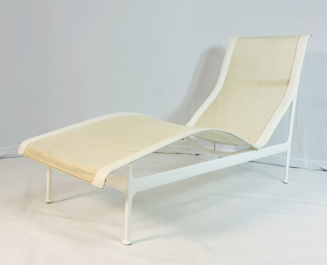 Lounge by Richard Schultz for Knoll, Labeled: Vintage lounge chairs designed by Richard Schultz and manufactured by Knoll. The chair is made of aluminum whith a white enamel finish, upholstered in leather and mesh. The piece retains the original
