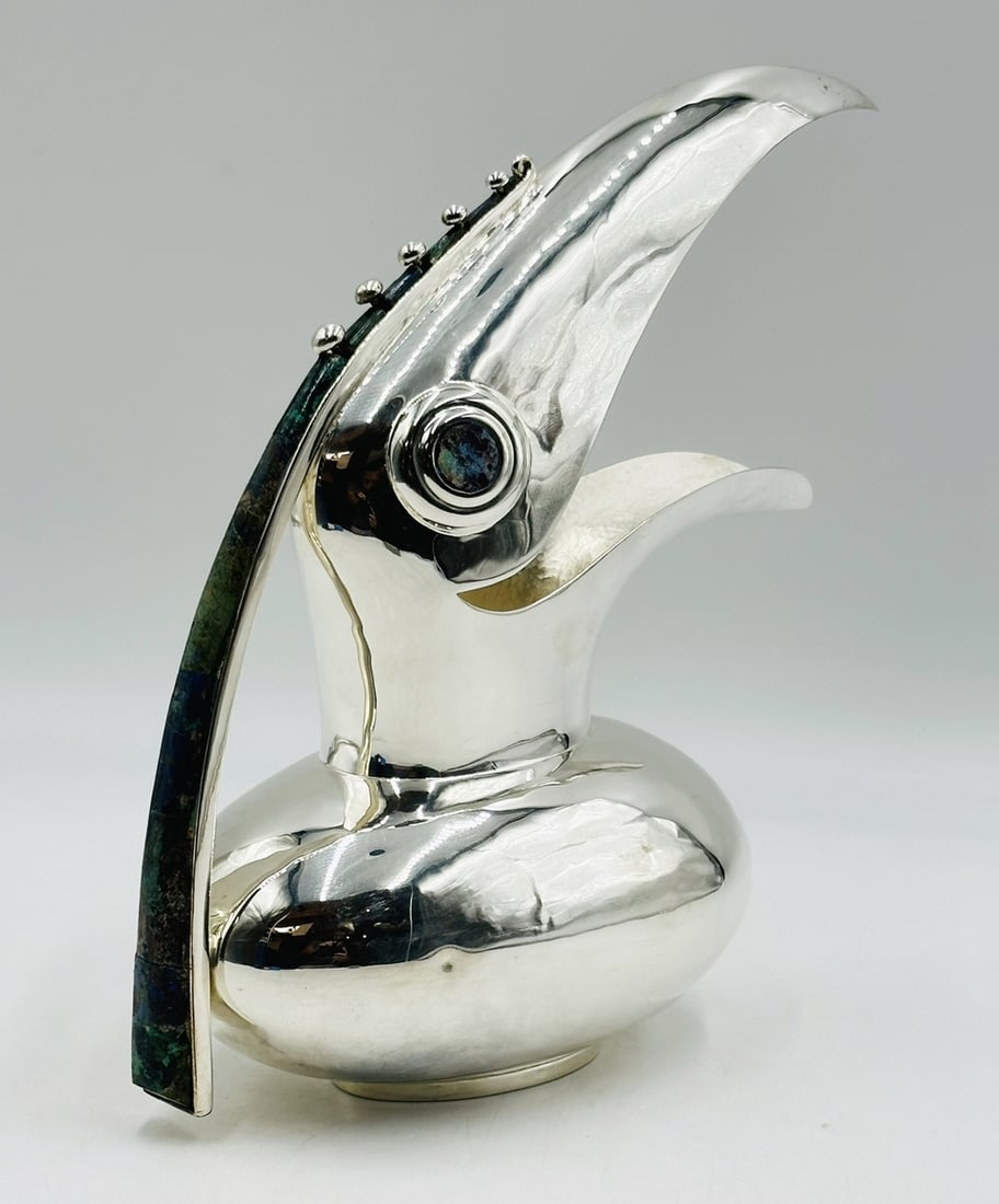 Silver Toucan Pitcher with Lapis Lazuli & Azurite Inlay by Los Castillo, 20th Century Mexico (1 of 18)
