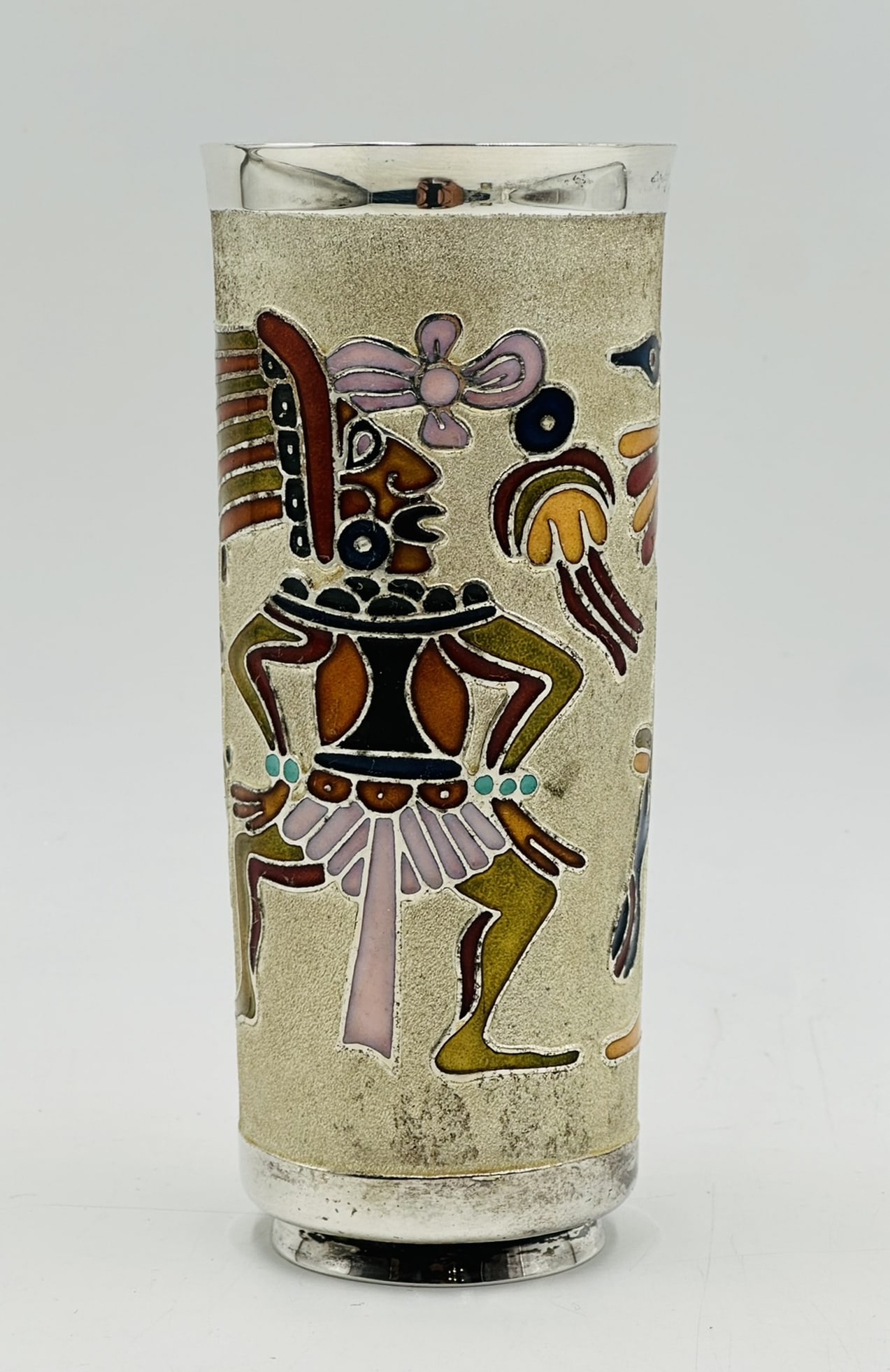 Silver and Enamel Aztec Vase by Miguel Pineda (Mexico 1940), Signed (1 of 11)
