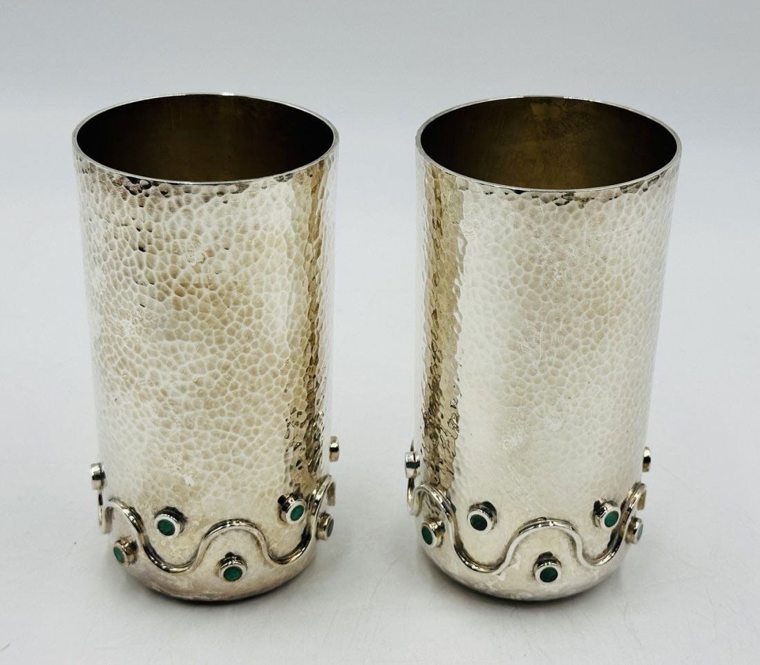 Pair of Silver and Stone Inlay Vases by Emilia Castillo, Mexico 20th Century (1 of 10)