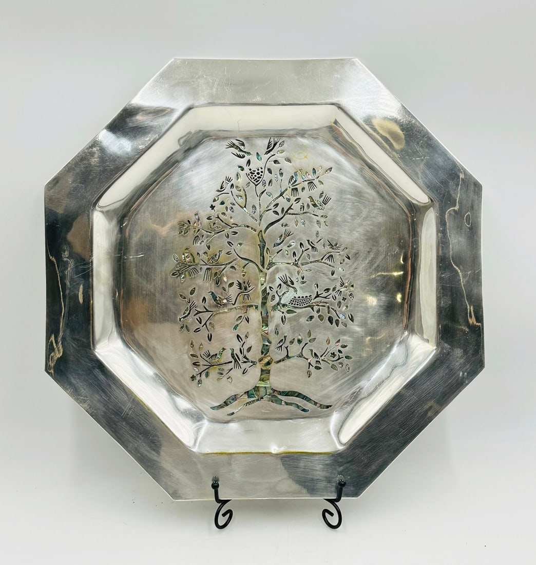 Large Silver Plated Serving Bowl With Malachite Inlay By