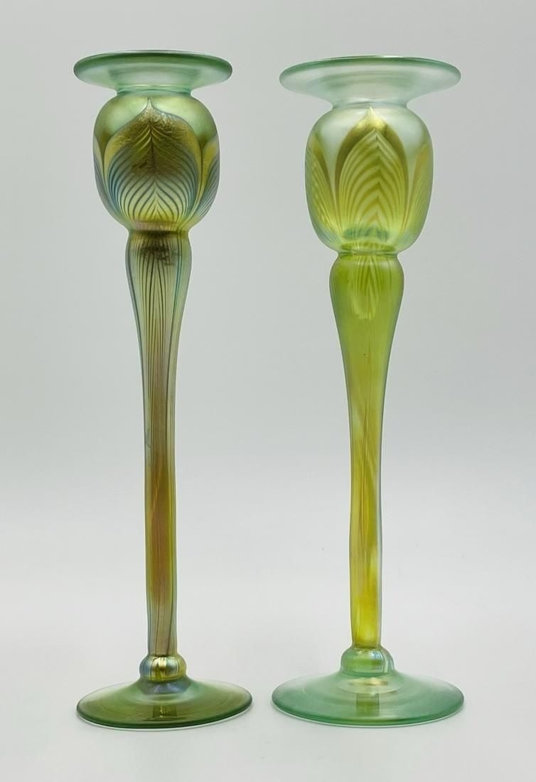 Pair of Iridescent/Pulled Feather Candle Holders by Correia Art Glass, Signed & Dated (1 of 15)