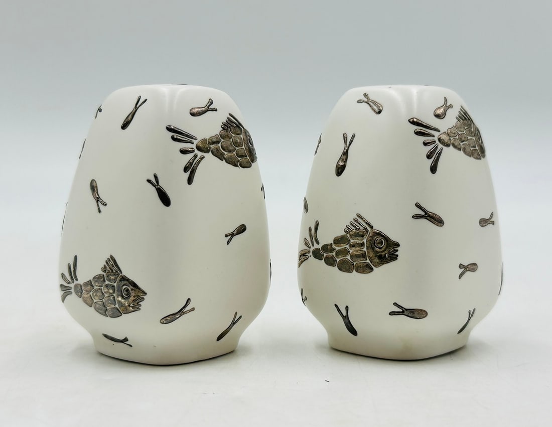 Set of Porcelain & Pure Silver Salt & Pepper Shakers by Emilia Castillo, Signed & Dated (1 of 13)