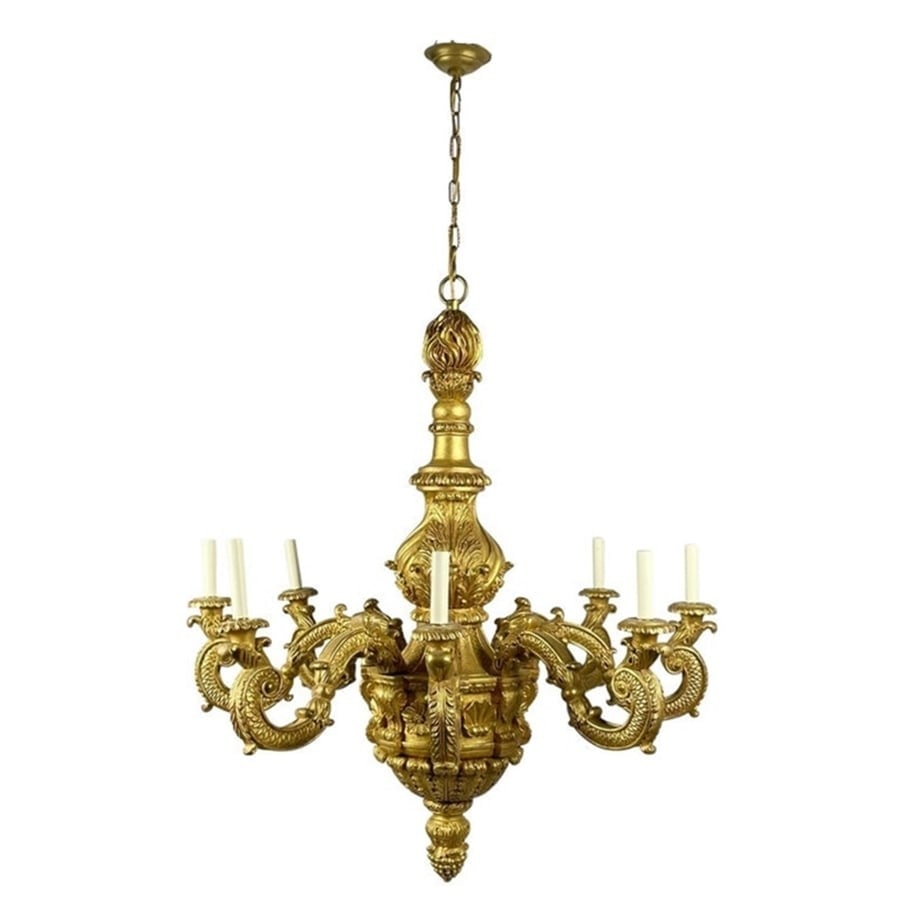 8 Arm Chandelier in the Georgian Style by Vaughan Design, UK 21st Century: Eight arm chandelier in the Georgian Style designed and manufactured in the United Kingdom by Vaughan Design. The chandelier is very ornate, with beautiful carved designed and a gold gilding finish. T