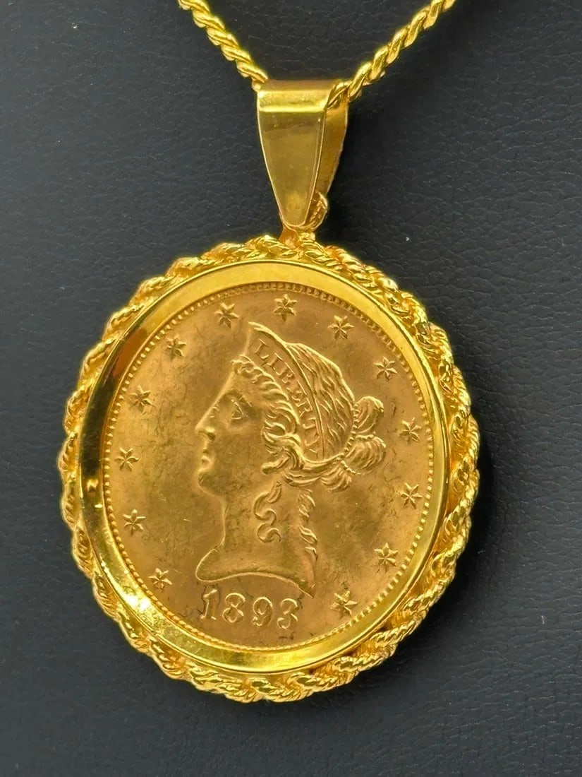 1893 $10 Liberty Gold Coin Necklace With Gold Chain & Gold Bazel Total weight 36 Grams Total Weight (1 of 10)