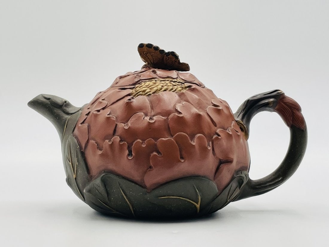 Chinese Yixing green with brown-clay Lotus & Butterfly Teapot (1 of 11)