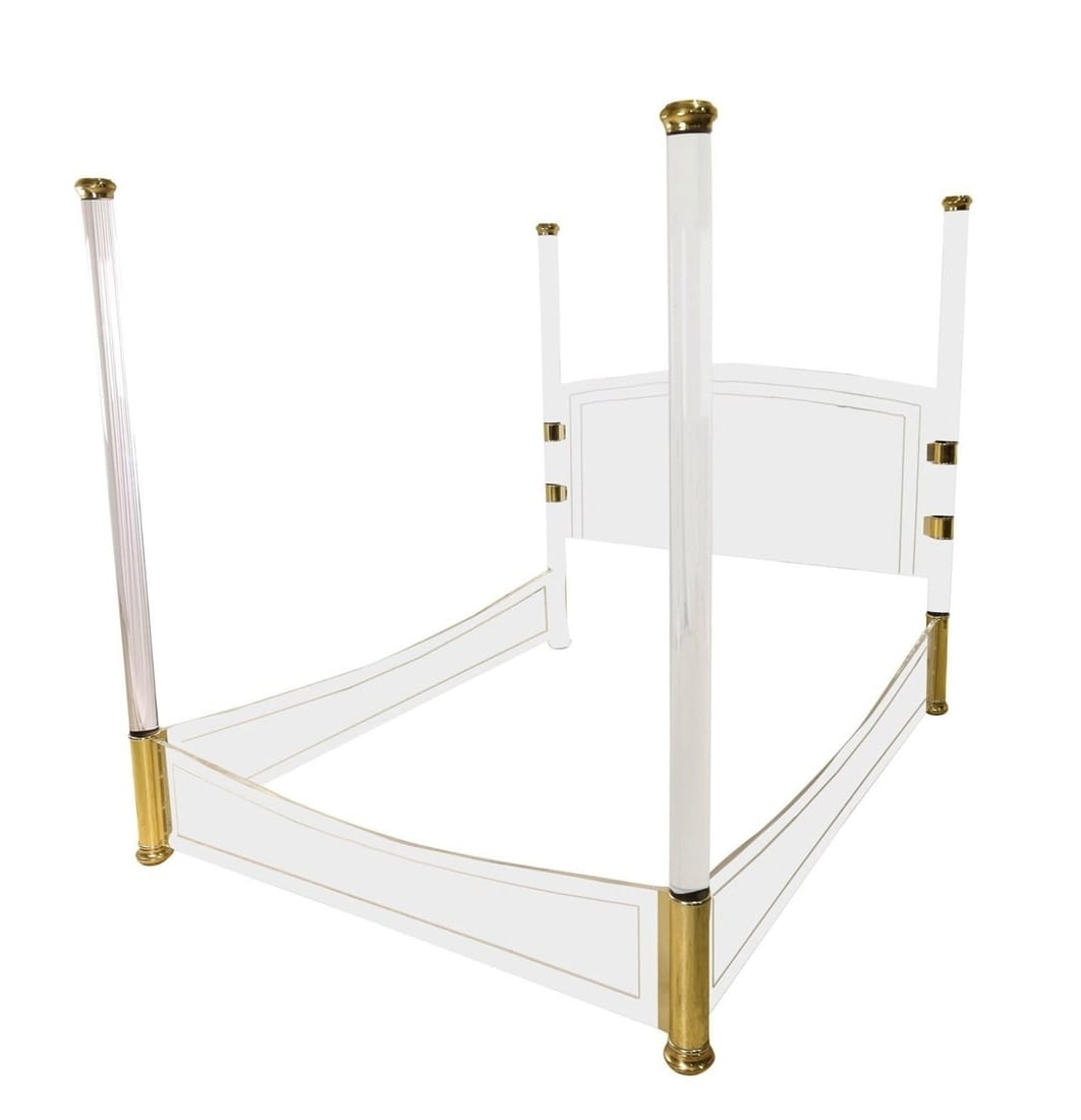 Lucite & Brass Four Poster Queen Size Bed after Charles Hollis Jones: Stunning Lucite and Brass Queen size bed designed and manufactured in the United States in the 1970s. The bed is very reminiscent to the beds designed by Charles Hollis Jones. Measurements: 72 in