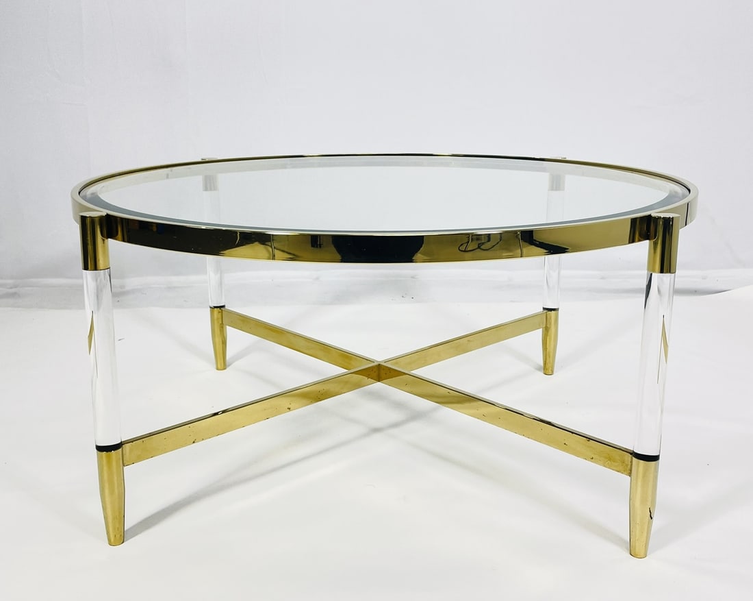 Lucite and Brass Round Coffee Table With a Glass Top (1 of 14)