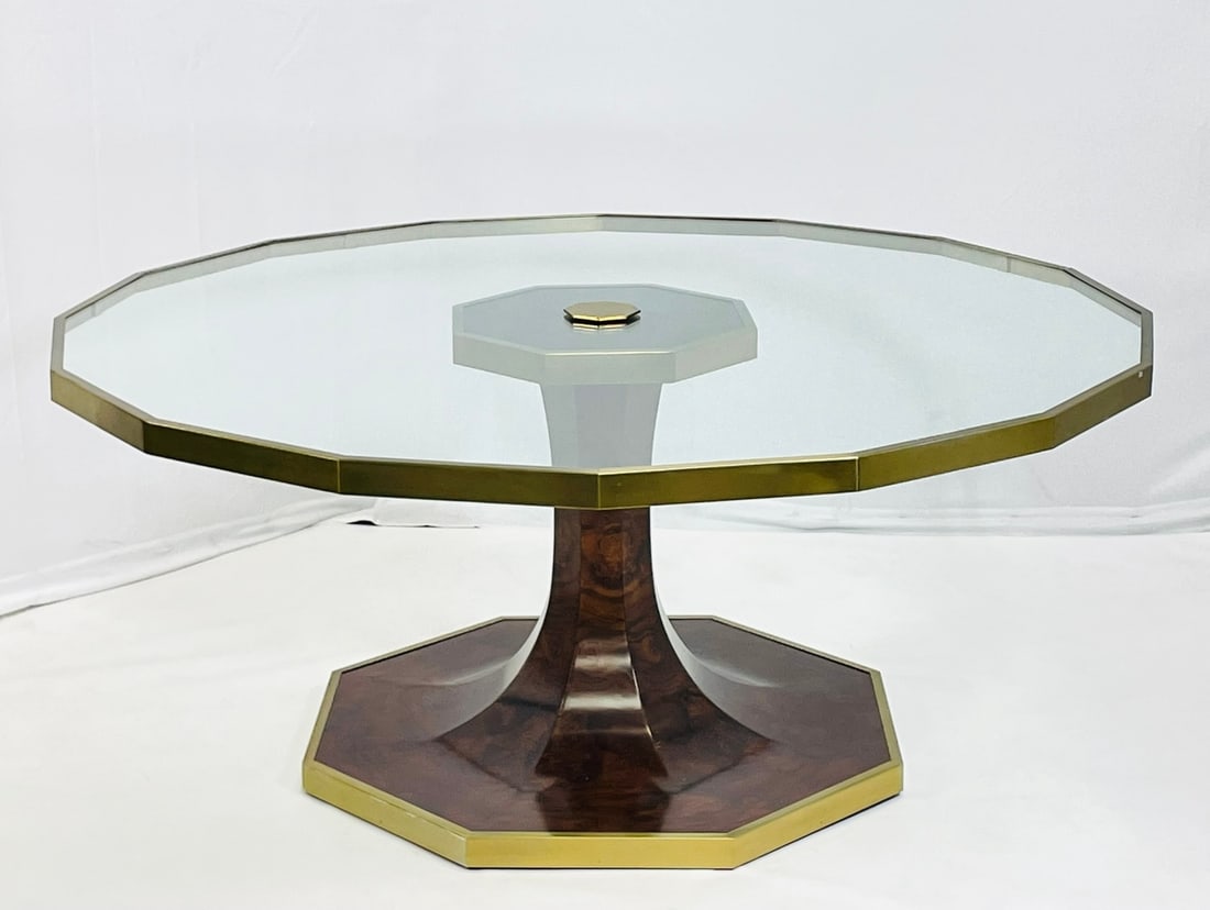 Mid-Century Modern Style Dining Table in Burlwood, Glass & Brass, 70 Inch Diameter (1 of 13)