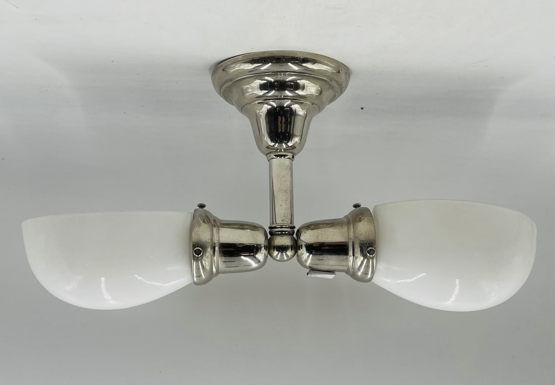 Double Light  Ceiling Light or Wall Sconce with White Glass Shade & Nickel Arm (1 of 6)