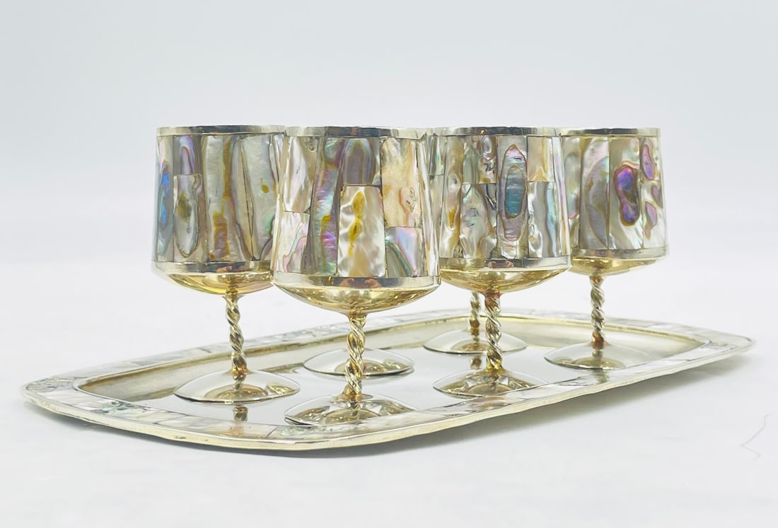 Set of Six Alpaca Silver & Abalone Cordial Cups & Tray, Mexico 1960s (1 of 12)