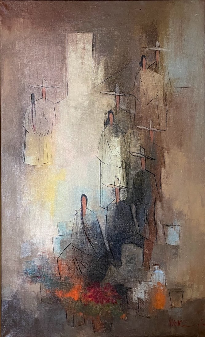 "El Mercado" Original Oil on Canvas by Juan Noguez (Mexico 20th Century): Beautiful oil painting by Mexican artist Juan Noguez, titled "El Mercado". The piece depicts a group of men and women selling products in the market. The piece is signed by the artist. Measurements: 2