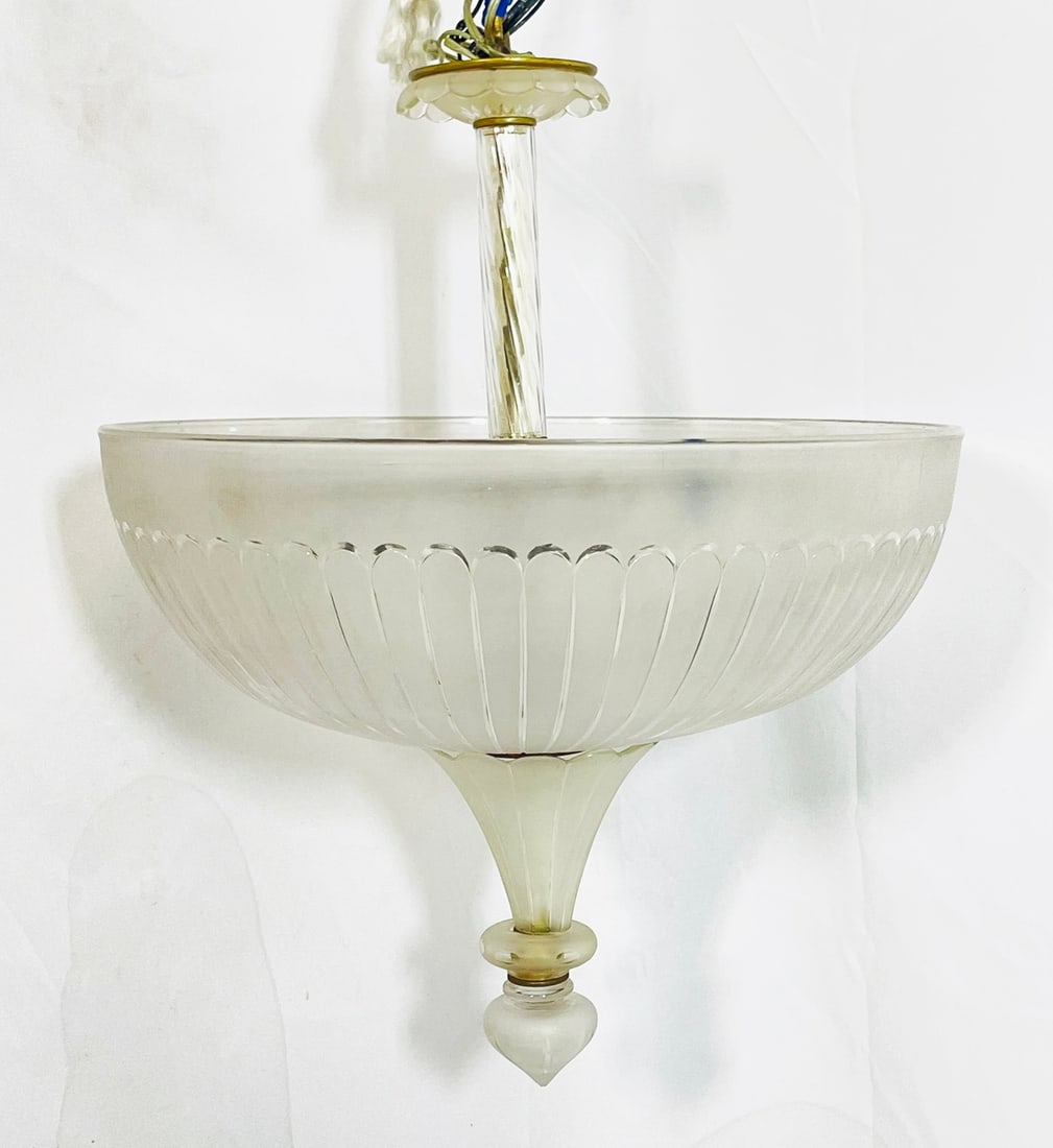 Modern Studio Glass Chandelier: Stunning glass chandelier designed and manufactured in the US. The piece has beautiful cut glass shade, metal frame and 5 lightbulbs which provide a good amount of light for any room. Measurements: 24