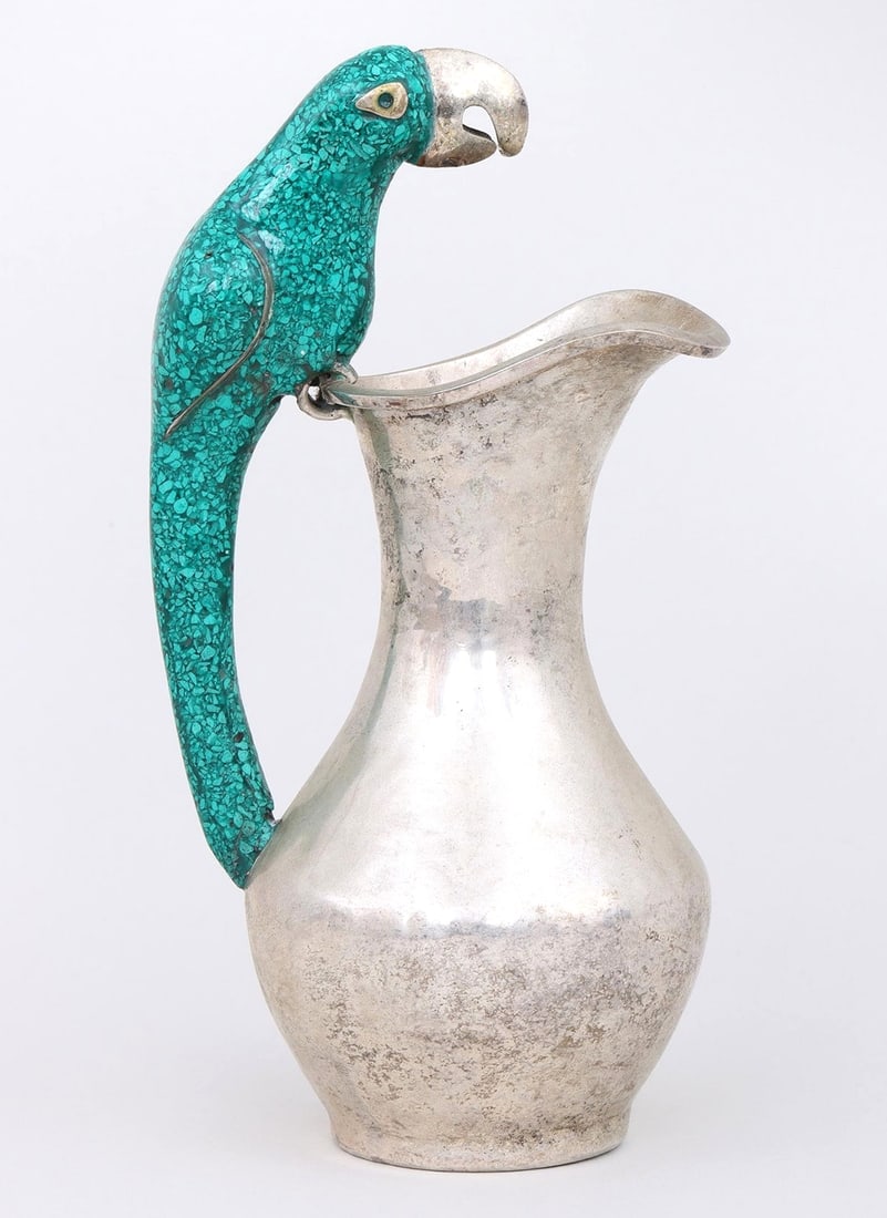 Silverplate & Crushed Turquoise Pitcher with Parrot Handle Signed A.C.T. Taxco (1 of 14)