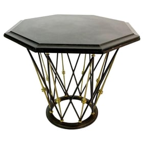 French Center Table in Brass & Wrought Iron with Octagonal Slate Top