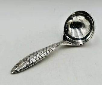 Large Silver Ladle With Fish Handle & Glass Eyes by Emilia Castillo, Mexico 1980's