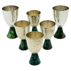Six Silver Plated & Malachite Water Goblets by Emilia Castillo for Los Castillo