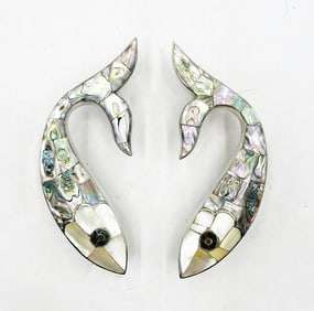 Pair of Fish Shaped Door Handles with Mother of Pearl & Abalone by Los Castillo, Mexico 1970's